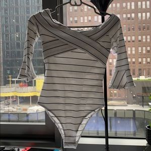 Off the shoulder striped white black bodysuit